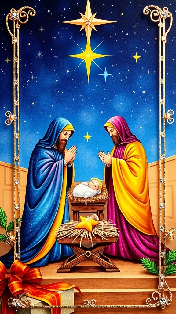 A Christmas card depicting the Three Wise Men in colorful robes under a starry sky.